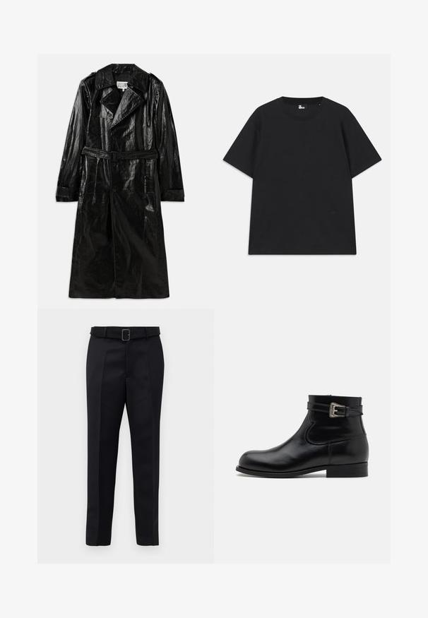Black long trench coat made from shiny material, featuring double-breasted closure, large collar, belted waist, and side pockets.; Black short-sleeve t-shirt made of cotton, featuring a round neckline and a small logo detail near the hem. Smooth texture, regular fit.; Black tailored trousers feature a smooth fabric, straight cut, and a belted waist with a rectangular buckle. Notable front creases enhance the design.; Black leather ankle boot with a round toe, side buckle accent, and low heel. Smooth texture with a polished finish and minimal seam details.