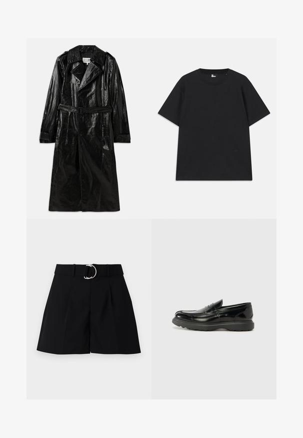Czarny długi płaszcz trenchowy wykonany z błyszczącego materiału, z podwójnym zapięciem, dużym kołnierzem, paskiem w talii i bocznymi kieszeniami.; Czarna koszulka z krótkim rękawem wykonana z bawełny, z okrągłym dekoltem i małym detalem logo blisko dolnej krawędzi. Gładka faktura, standardowy krój.; Czarne szorty w kroju dopasowanym, wykonane z tkaniny tkanej. Posiadają szeroki pasek w talii z okrągłą srebrną klamrą, fałdy z przodu oraz prosty krój.; Czarne skórzane mokasyny o błyszczącym wykończeniu, zaokrąglonym nosku, subtelnych detalach szycia i grubym gumowym spodzie dla trwałości.