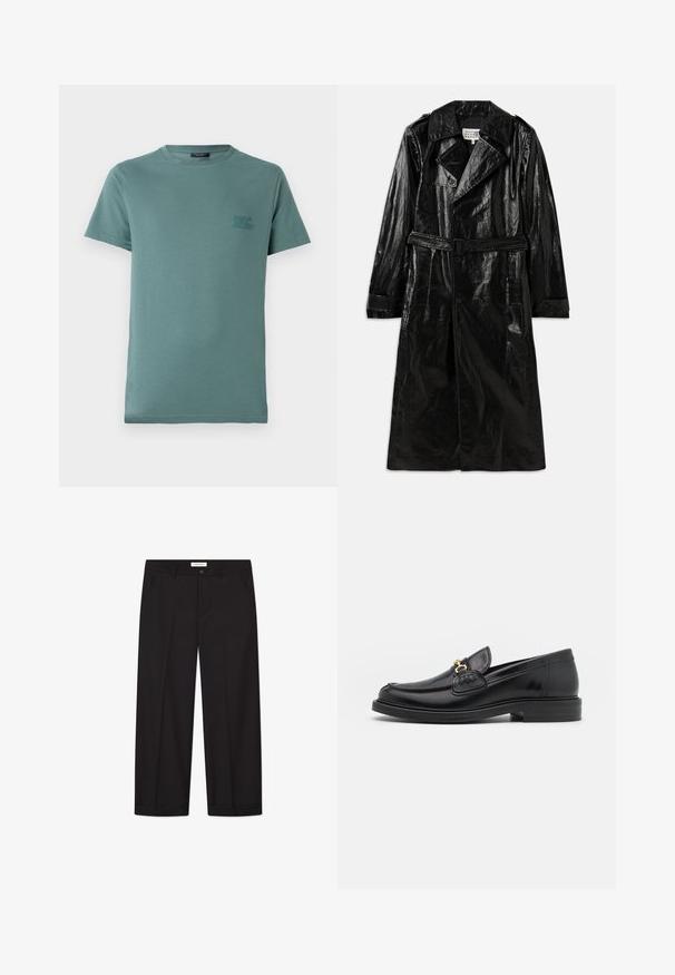 Μαύρο μακρύ παλτό από γυαλιστερό υλικό, με διπλό κούμπωμα, μεγάλο γιακά, ζωνάκι στη μέση και πλαϊνές τσέπες.; Μυρτιά πράσινο T-shirt από βαμβάκι, με στρογγυλή λαιμόκοψη και κοντά μανίκια. Μικρή λεπτομέρεια κειμένου σε σκούρο χρώμα στο στήθος.; Μαύρο πουκάμισο με σχέδιο που κουμπώνει, μακριά μανίκια και λευκή πουά στάμπα, φτιαγμένο από ελαφρύ, διαφανές ύφασμα.; Μαύρο παντελόνι με φαρδιά πόδια από απαλό υλικό. Διαθέτει κλείσιμο με κουμπί και φερμουάρ, δύο μπροστινές τσέπες και κοφτή τελείωση στο στρίφωμα.; Μαύρες δερμάτινες loafers με στρογγυλή μύτη, διακοσμημένες με χρυσά αξεσουάρ και λεπτομέρειες ραφής, τοποθετημένες σε χαμηλή, υφασμάτινη ελαστική σόλα.
