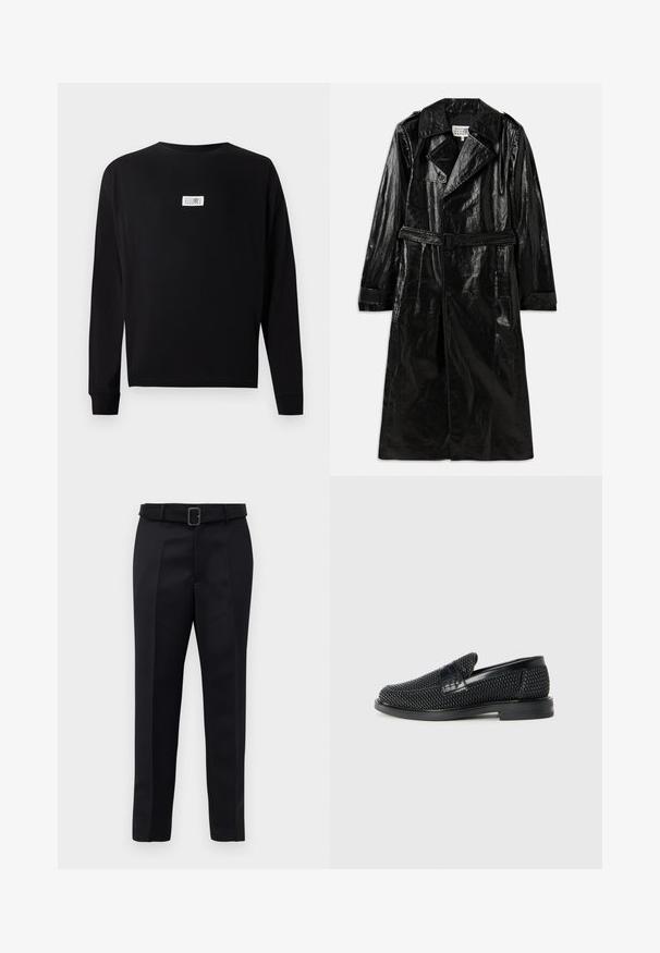Černý dlouhý trenčkot vyrobený z lesklého materiálu, s dvouřadou čelní zapínáním, velkým límcem, páskem v oblasti pasu a bočními kapsami.; Černé tričko s dlouhým rukávem vyrobené z bavlny s kulatým výstřihem. Na středu má malou bílou etiketu. Hladká textura a uvolněný střih.; Černé oblekové kalhoty mají hladkou tkaninu, rovný střih a pas s opaskem a obdélníkovou sponou. Výrazné přední záhyby zvýrazňují design.; Černé pletené nazouvací boty s hladkým koženým akcentem na svršku, kulatou špičkou a nízkoprofilovou gumovou podrážkou.