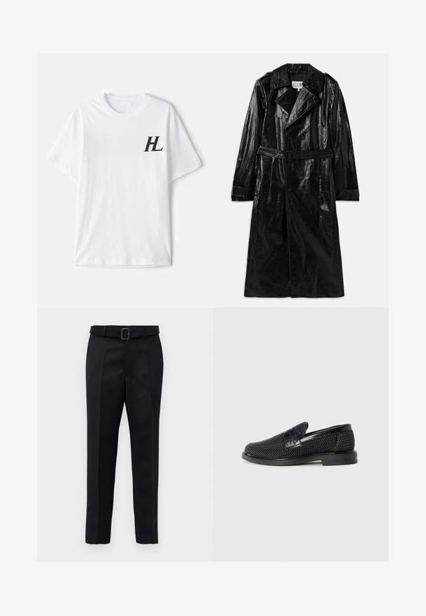 Schwarzer, langer Trenchcoat aus glänzendem Material mit zwei Reihen Knöpfen, großem Kragen, tailliertem Gürtel und Seitentaschen.; Weißes Baumwoll-T-Shirt mit Rundhalsausschnitt, kurzen Ärmeln und einem schwarzen "HL"-Logo auf der linken Brustseite. Weicher Stoff, entspannte Passform.; Schwarze maßgeschneiderte Hosen aus glattem Stoff, mit geradem Schnitt und einem Bund mit rechteckiger Schnalle. Auffällige Frontfalten betonen das Design.; Schwarzer geflochtener Slipper mit einem glatten Lederakzent im Obermaterial, einem runden Zehendesign und einer flachen Gummisohle.