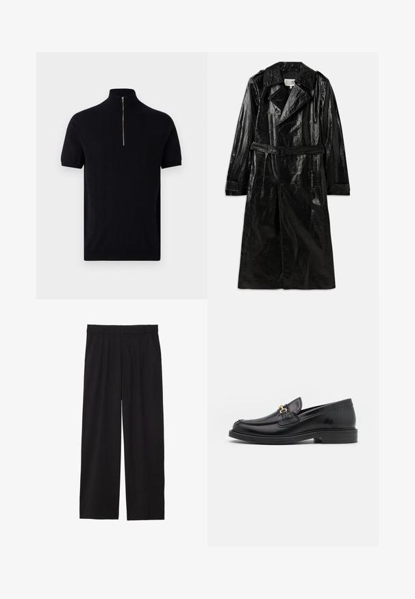 Melnā garā trenču mēteli, kas izgatavots no spīdīga materiāla, ar divpusēju aizdari, lielu apkakli, jostu vidukļa daļā un sānu kabatām.; Ron Dorff Apdrukāts T-krekls - black; Melnā krekls ar pogu aizdari, garām piedurknēm un baltu punktiņu rakstu, izgatavots no viegla, caurspīdīga auduma.; Melni platbagāžnieki ar plecu priekšpusi, sānu kabatām un gludu auduma tekstūru. Izstrādāti brīvai piegulšanai.; Melnas ādas loafers ar noapaļotu degunu, ar zelta aparatūras akcentu un šuvju detaļām, uz zemas, teksturētas gumijas zoles.