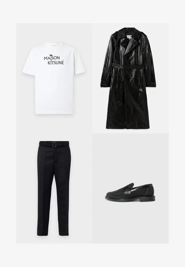 Melnā garā trenču mēteli, kas izgatavots no spīdīga materiāla, ar divpusēju aizdari, lielu apkakli, jostu vidukļa daļā un sānu kabatām.; Balta kokvilnas t-kreklu ar īsām piedurknēm, uz kura ir melns teksts "MAISON KITSUNÉ" un neliela lapsu grafika virs teksta.; Melni piegriezti bikses ar gludu audumu, taisnu piegriezumu un jostu ar taisnleņķa sprādzi. Pamanāmie priekšējie iegriezumi uzlabo dizainu.; Melnas austas slaidu kurpes ar gludu ādas akcentu augšpusē, apaļas formas purngalu un zemas profila gumijas zoli.