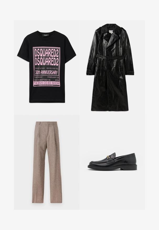 Zwarte lange trenchcoat van glanzend materiaal, met een dubbelbrede sluiting, grote kraag, ceintuur in de taille en zijzakken.; Zwarte katoenen t-shirt met grote roze grafische tekst. Het ontwerp bevat details van het evenement in verschillende lettergroottes en aanvullende informatie onderaan.; Bruine, hooggewaisted broeken van een gestructureerde stof. Heeft wijde benen en twee voorplooien voor extra structuur. Net afgewerkt zonder zichtbare hardware.; Zwarte leren instappers met een ronde neus, voorzien van een gouden hardware accent en stikdetails, geplaatst op een lage, getextureerde rubberen zool.
