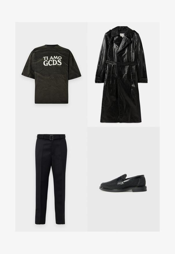 Zwarte lange trenchcoat van glanzend materiaal, met een dubbelbrede sluiting, grote kraag, ceintuur in de taille en zijzakken.; Zwarte T-shirt met korte mouwen in een ontspannen pasvorm, met op de achterkant witte grafische tekst "TI AMO GCDS". Versleten textuur.; Zwarte op maat gemaakte broek van gladde stof met een rechte snit en een ceintuur met een rechthoekige gesp. Opvallende voorvouwen accentueren het ontwerp.; Zwartegeweven instap schoenen met een glad leren accent aan de bovenkant, een ronde neusontwerp en een laag profiel rubberen zool.