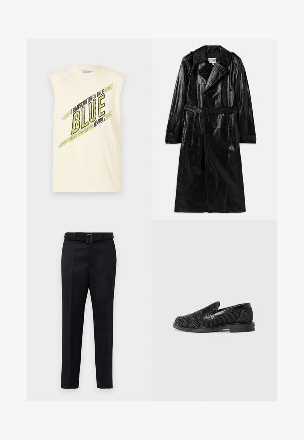 Black long trench coat made from shiny material, featuring double-breasted closure, large collar, belted waist, and side pockets.; Cream tank top with wide armholes. Features black text "TRANSCONTINENTALE BLUE MARBLE" and colorful striped accents in blue and green.; Black tailored trousers feature a smooth fabric, straight cut, and a belted waist with a rectangular buckle. Notable front creases enhance the design.; Black woven slip-on shoe with a smooth leather accent on the upper, a round toe design, and a low-profile rubber sole.