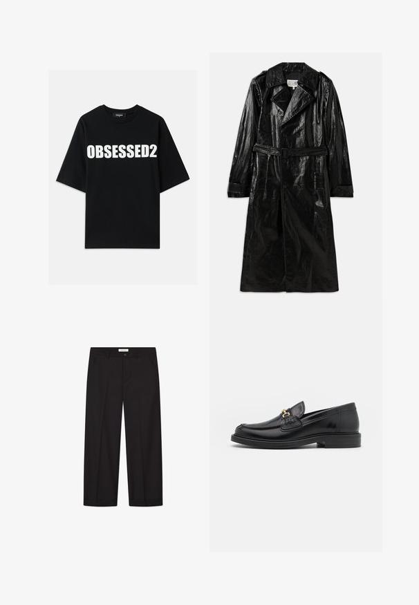 Čierny dlhý trenčkot vyrobený z lesklého materiálu, s dvojradovým zapínaním, veľkým golierom, pásom a bočnými vreckami.; Čierne bavlnené tričko s veľkým bielym textom "OBSESSED2" na prednej strane, s okrúhlym výstrihom a krátkymi rukávmi. Štandardný strih s hladkou textúrou.; Čierna košeľa s gombíkovým zapínaním, dlhými rukávmi a bielymi bodkami, vyrobená z ľahkej, priesvitnej látky.; Čierne široké nohavice vyrobené z hladkej tkaniny. Majú zapínanie na gombík a zips, dve predné vrecká a ostrý lem.; Čierne kožené loafers so zaoblenou špičkou, s pozlátenými kovovými prvkami a detailným šitím, uložené na nízkej, textúrovanej gumenej podrážke.