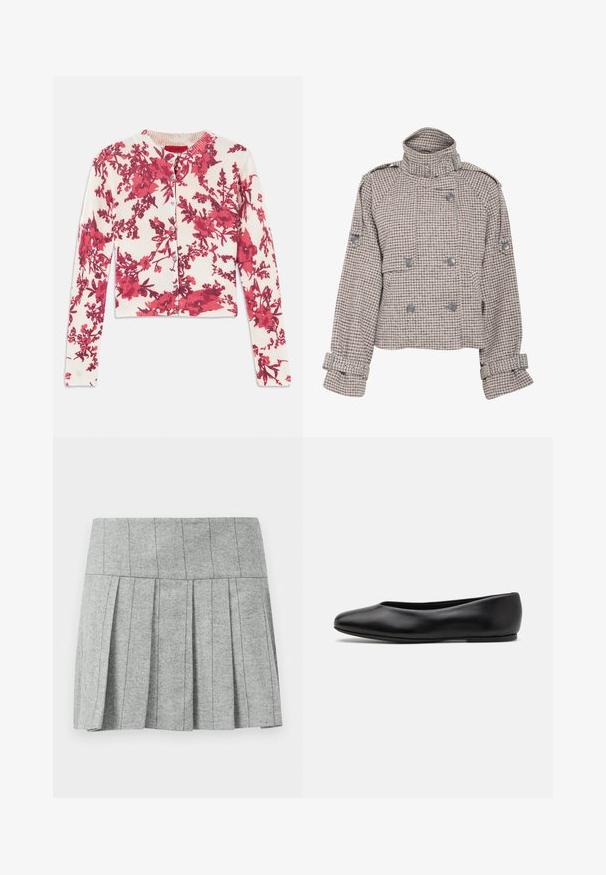 Gestuz AVIC SHORT JACKET - Light jacket - rose dust/grey; Red floral-patterned cardigan in a soft, stretchy fabric with a round neckline and ribbed cuffs, featuring button closure down the front.; Gray pleated skirt made from herringbone-patterned fabric; features a structured waistband and a straight cut at the bottom.; Paul Smith TOPANGA - Ballet pumps - black