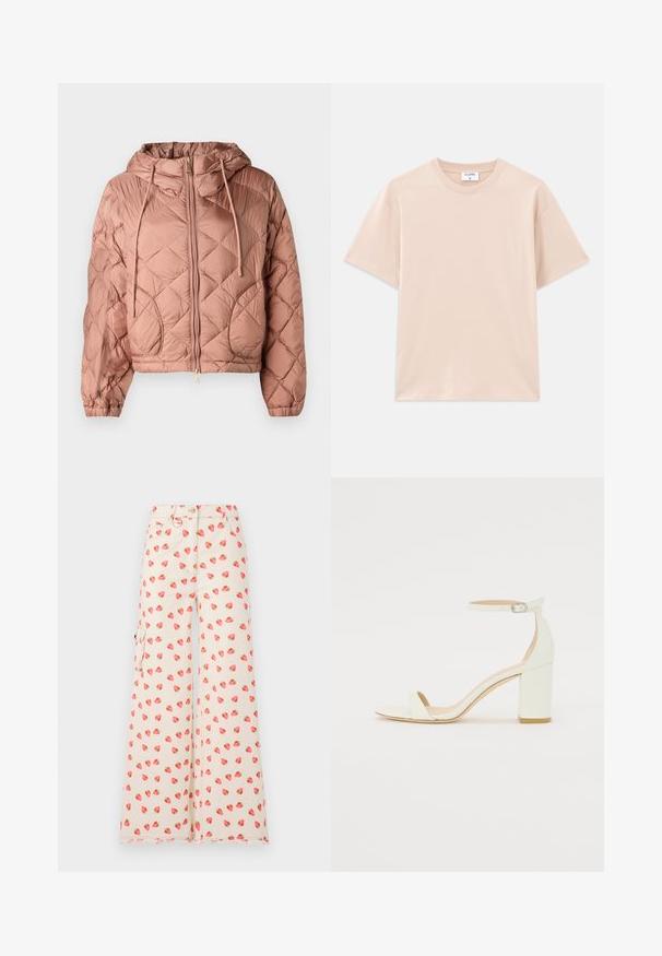 Puffasztott, rövidített dzseki lágy rózsaszín színben, kapucnival, elülső cipzárral és rugalmas mandzsettákkal. Sima, fényes textúrájú, oldalsó zsebekkel.; Rövid ujjú, világos bézs színű póló, puha pamutból készült. Kerek nyakú, laza szabású, egyenes aljjal, minták vagy grafika nélkül.; Széles szárú nadrág bézs szövetből, piros és zöld epermintával. Oldalsó zsebekkel és rojtos szegéllyel rendelkezik.; Fehér bőrsarkú szandál bokaankarral és csattal, minimális dizájnnal. Nyitott orrú és sima textúrákkal az egész felületen.