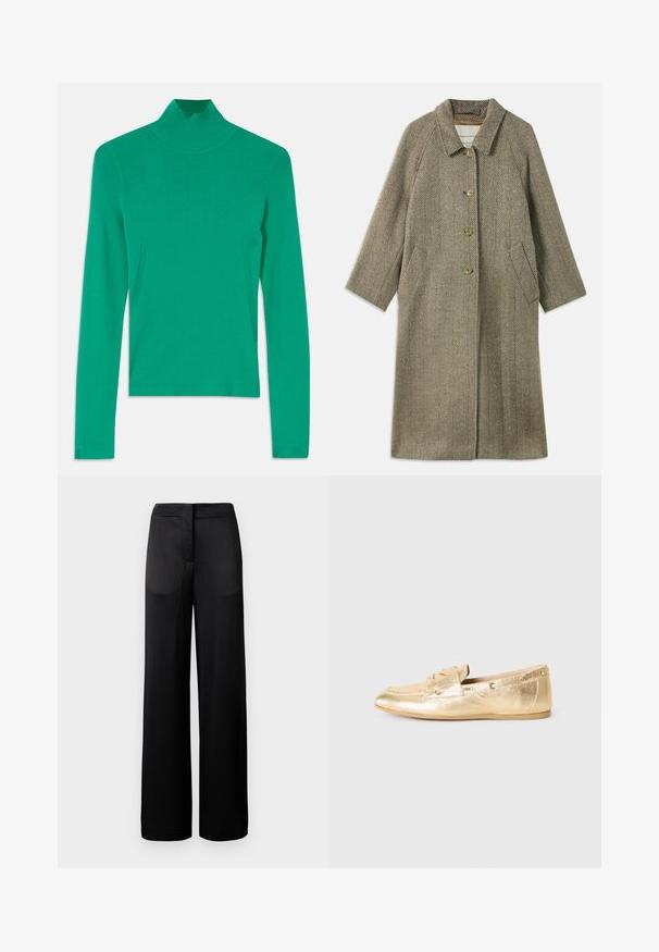 Płaszcz w jodełkę w kolorze oliwkowym. Posiada kołnierz, zapięcie na trzy guziki z przodu oraz boczne kieszenie. Gładki, teksturowany materiał.; Zielony sweter z golfem, wykonany z prążkowanej dzianiny, z długimi rękawami i subtelnymi detalami w bocznych szwach, które nadają mu smukły, dopasowany wygląd.; Szerokie czarne spodnie z teksturowanej tkaniny, z płaskim pasem i dwoma kieszeniami po bokach. Materiał wydaje się lekki i zwiewny.; Złote metaliczne skórzane buty żeglarskie z zaokrąglonym noskiem, dekoracyjnymi sznurówkami i małymi oczkami po bokach. Płaska gumowa podeszwa.
