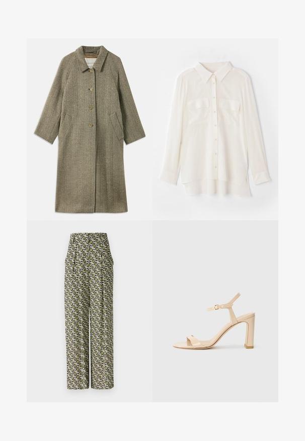 Oliivivärvi herringbone-mustriga ülerõivas. Omab kaelust, kolme nupu esist sulgemist ja küljetaskuid. Sile, tekstuuriga kangas.; Valkoinen napillinen paita, joka on valmistettu kevyestä kankaasta. Ominaisuuksiin kuuluu klassinen kaulus, kaksi rintataskua ja hieman pidempi takahame.; Diane von Furstenberg BELLINI PANTS - Housut - green; Beige korkokenkä, jossa on nilkkaremmi ja kultainen solki, avonainen varvas ja paksu korko valkoista taustaa vasten.