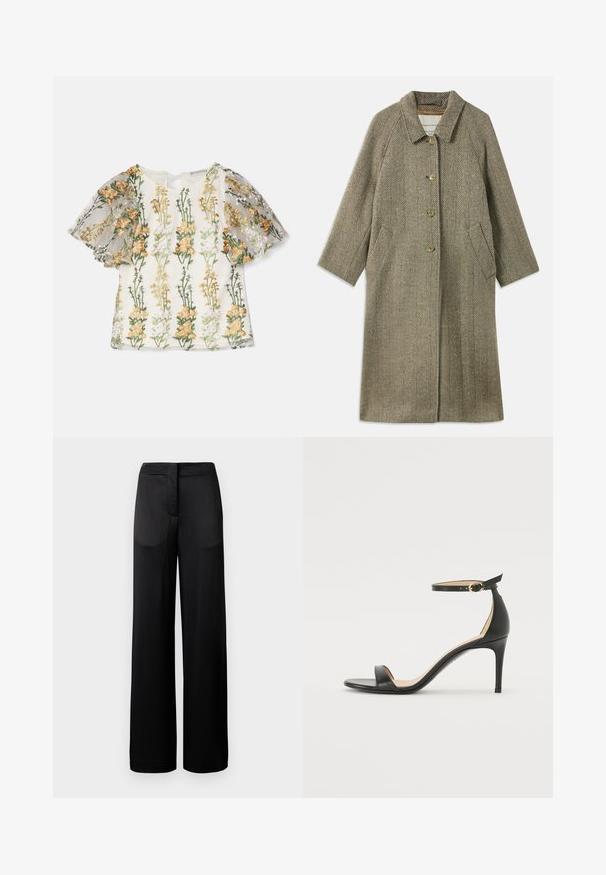 Herringbone-patterned overcoat in olive green. Features a collar, three-button front closure, and side pockets. Smooth, textured fabric.; Ida Sjöstedt MAGDA EMBROIDERY - Print T-shirt - multi-coloured; Wide-leg black trousers with a textured surface, featuring a flat waistband and two side pockets. The fabric appears lightweight and flowing.; Black leather high-heeled sandal with an ankle strap. Features a smooth texture, open toe, and a thin heel. Gold-toned buckle detail.