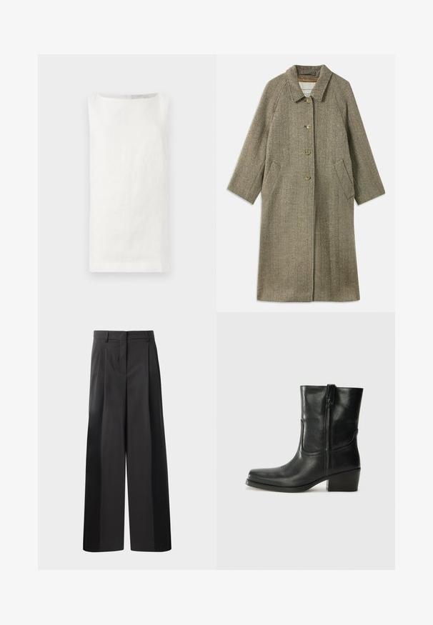 Olivegrön kappor i fiskbensmönster. Har krage, treknappslukning framtill och sidofickor. Slätt, strukturerat tyg.; Ärm-lös vit linne topp med rak skärning, båtformad halsringning och inga synliga knäppningar. Har ett mjukt, texturerat tyg.; Svarta byxor med vida ben och hög midja, med framveck, en slät textur och en skräddarsydd finish. Designade för en avslappnad passform.; Svart läderankelboot med rund tå, blockklack, sidodragkedja och sömmar på ovandelen. Slät textur, klassisk design.