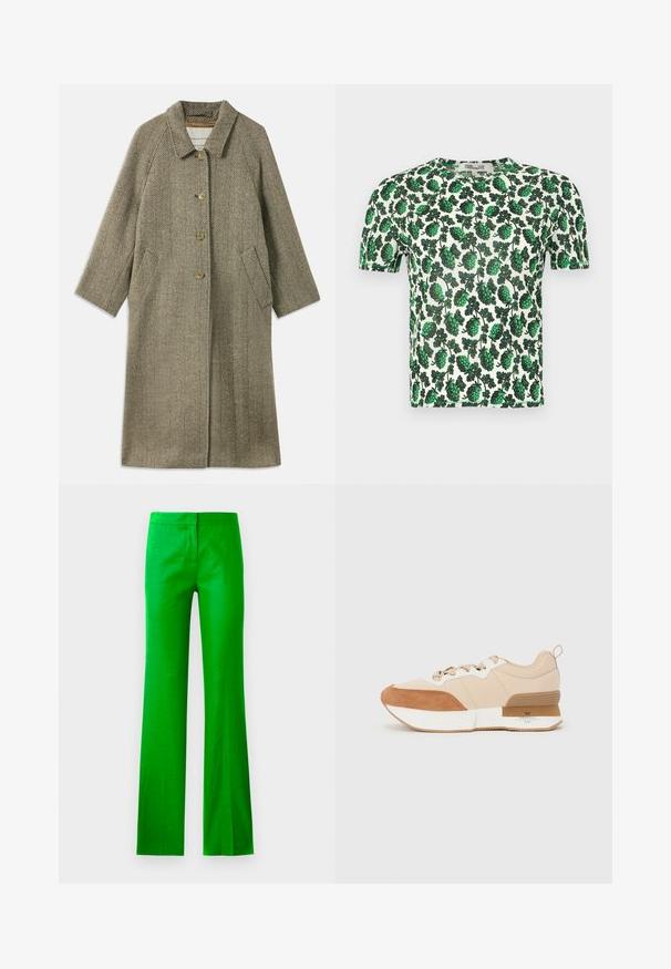 Olýkový kabát s vzorom rybej kosti. Má golier, zapínanie na tri gombíky a bočné vrecká. Hladká, štruktúrovaná tkanina.; Zelený kvetinový top s krátkym rukávom so silnými listovými vzormi na bielom pozadí, vyrobený z ľahkého a elastického materiálu.; Jasne zelené, rozšírené nohavice vyrobené z hladkej látky, s plochým predným dielom a bez viditeľných vreciek. Čistý, minimalistický dizajn.; Tenisky s béžovým textilným zvrškom a tan nubukovými akcentmi, bielou medzišľapkou a gumovou podrážkou s detailom značky.