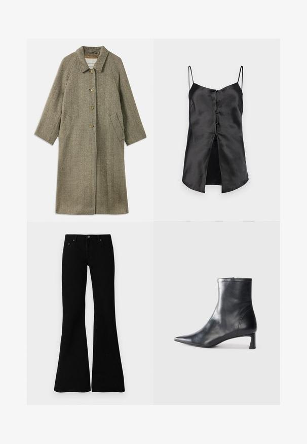 Olíva zöld herringbone mintás kabát. Gallérral rendelkezik, háromgombos elülső zárással és oldalsó zsebekkel. Simított, textúrált anyag.; Fekete selyem camisole vékony pántokkal, gombos elejével és hasított aljjal, amely extra részletességet ad. Simaság és minimalista dizájn jellemzi.; Fekete, harangszárú farmernadrág, klasszikus ötpocket designnal, gombos záródással és finom varrási részletekkel a varrások mentén.; Fekete bőr bokacsizma hegyes orral és letisztult dizájnnal. Alacsony sarka és hátsó cipzáras záródása van. Simának tűnő textúra.