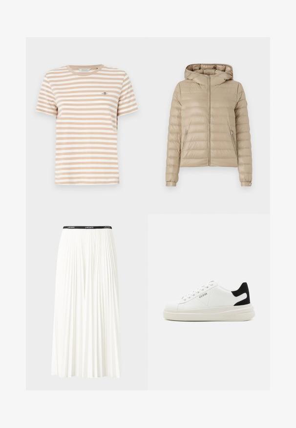 Bēša pildīta jaka ar kapuci, rāvējslēdzējs priekšpusē un divas sānu kabatas. Iespējas horizontālā šuvē, elastīgās aproces un gluda tekstūra.; Bēšas un baltas svītrains T-krekls ar apaļu kakla izgriezumu, īsām piedurknēm un nelielu logo kreisajā krūtī. Mīksts kokvilnas materiāls.; Gari plānas baltas svārku ar melnu elastīgu jostu, uz kuras redzams "LACOSTE" logo. Vidēja garuma dizains ar mīkstu tekstūru.; Baltas ādas sporta apavi ar biezu balto zoli, melna zamša uzpura un izspiestais logotips sānos. Šņorējuma dizains ar sešiem acu caurumiem.