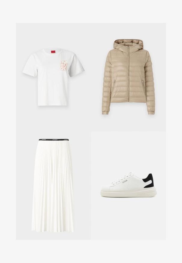 Béžová prémiová bunda s kapucňou, so zipsovým uzáverom a dvoma bočnými vreckami. Má horizontálne prešívanie, elastické manžety a hladkú textúru.; Biela bavlnená tričko s krátkymi rukávmi, okrúhlym výstrihom a svetloružovým logom "HUGO" potlačeným na ľavej strane hrude. Červená visačka na krku.; Plisovaná biela sukňa s čiernym elastickým pásom s logom "LACOSTE". Sukňa je stredne dlhá a má mäkkú textúru.; Biele kožené tenisky s hrubou bielou podrážkou, čiernym zamekom na päte a vyrazeným logom na boku. Šnurovací dizajn so šiestimi očkami.