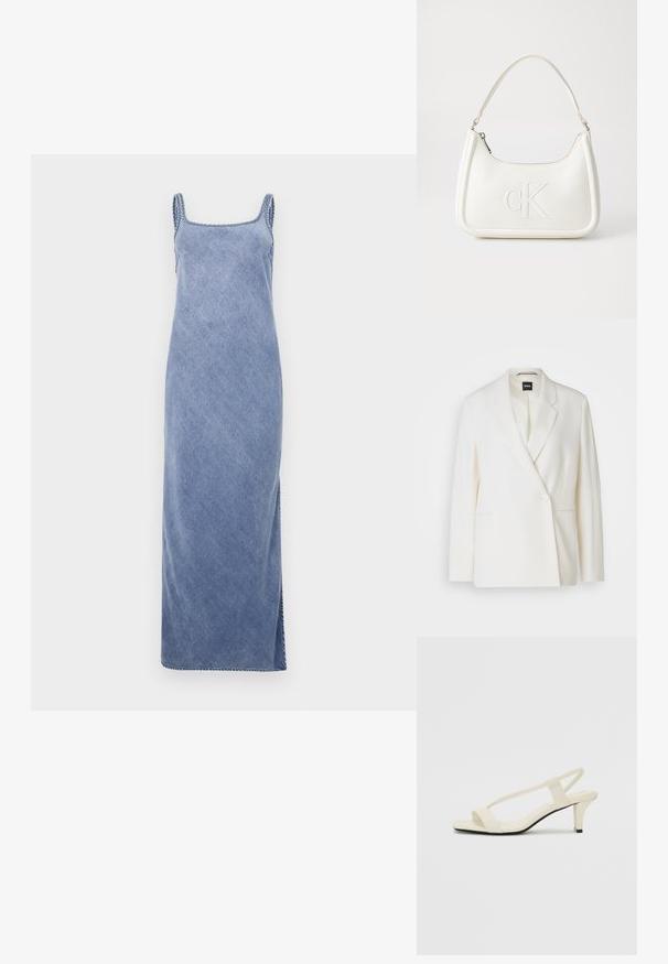 Λευκό σακάκι με δομημένο σχεδιασμό, κούμπωμα με ένα μόνο κουμπί, κόψιμο πέτου και δύο πλαϊνές τσέπες. Λείος υφασματικός θρώισμα.; Μπλε τζιν μέγιστο φόρεμα με τετράγωνη λαιμόκοψη, λεπτές τιράντες και πλαϊνές σχισμές, που διαθέτει μια ελαφρώς υφαντή επιφάνεια και αντίθετη ραφή.; Μπέζ σανδάλια με τετράγωνη μύτη και λεπτές λουρίδες. Ομαλή ύφανση με ελάχιστες λεπτομέρειες, σχεδιασμένα για εύκολη χρήση.; Λευκή δερμάτινη τσάντα χειρός με καμπυλωτό σχήμα, διαθέτει ανάγλυφο λογότυπο "CK" μπροστά και μία ενιαία λαβή ώμου. Κλείσιμο με φερμουάρ στην κορυφή.