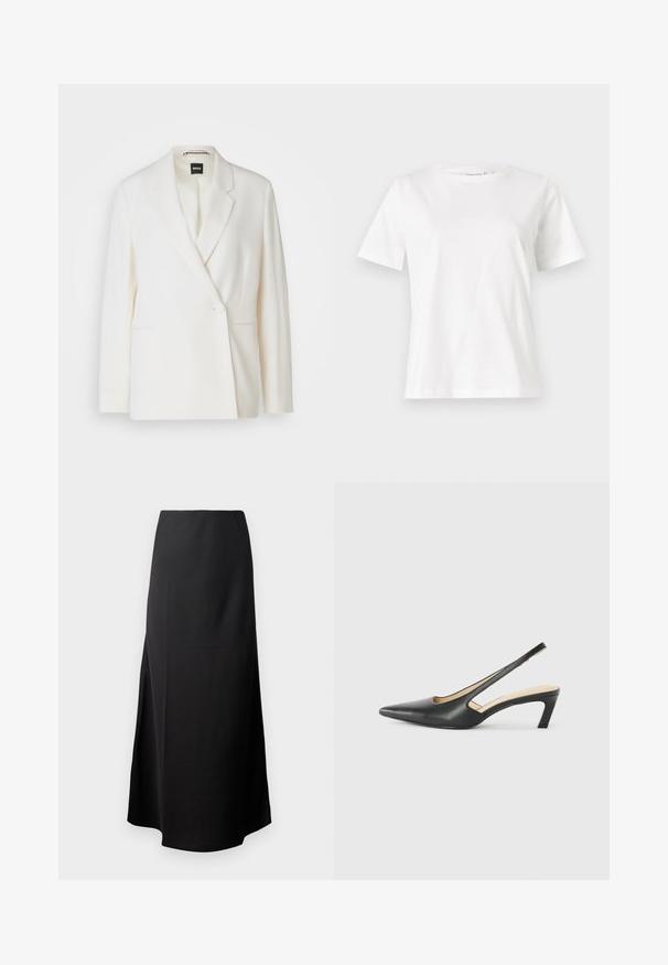 Balts žakets ar strukturētu dizainu, ar vienu pogu aizdari, ar pīķa klāju un diviem sānu kabatām. Gluda auduma tekstūra.; Baltas kokvilnas T-krekls ar īsām piedurknēm, apaļu kakla izgriezumu un brīvu piegriezumu. Gluda tekstūra, bez rakstiem vai akcentiem, minimālistisks dizains.; Melnas midi svārki ar gludu tekstūru, izstrādāti ar augstu jostasvietu un sānu šķēlumu, ar vienkāršu, neizpušķotu siluetu.; Melna, ar smailu purngalu, slingback kurpe ar zemu papēdi, izgatavota no gludas ādas materiāla un ar izgriezumiem sānos gaisa caurlaidībai.