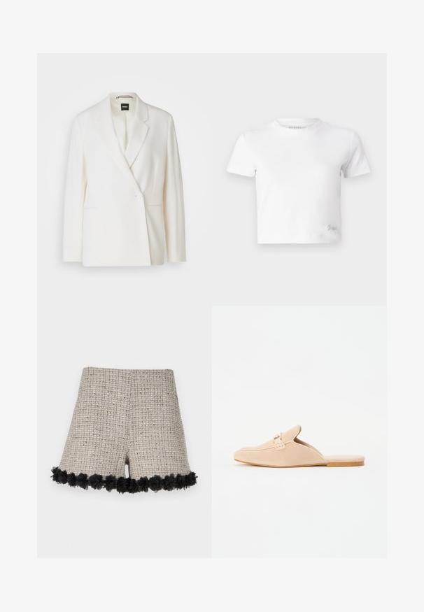 Fehér blézer strukturált kialakítással, egysoros gombolással, kerekített hajtókával és két oldalsó zsebből áll. Sima szövettextúra.; Fehér, rövid szabású, sima pamut póló, magas nyakkivágással és rövid ujjakkal. Kicsi hímzett logó az alsó sarokban.; Beige színű, textúrált mintával rendelkező tweed sort, fekete virágos díszítéssel az alján. A design egy összességében szabott fazont tartalmaz.; Beige velúr slip-on loaferek zárt orral, dekoratív csattal és lapos parafa talppal. Sima textúra, minimális dizájn.