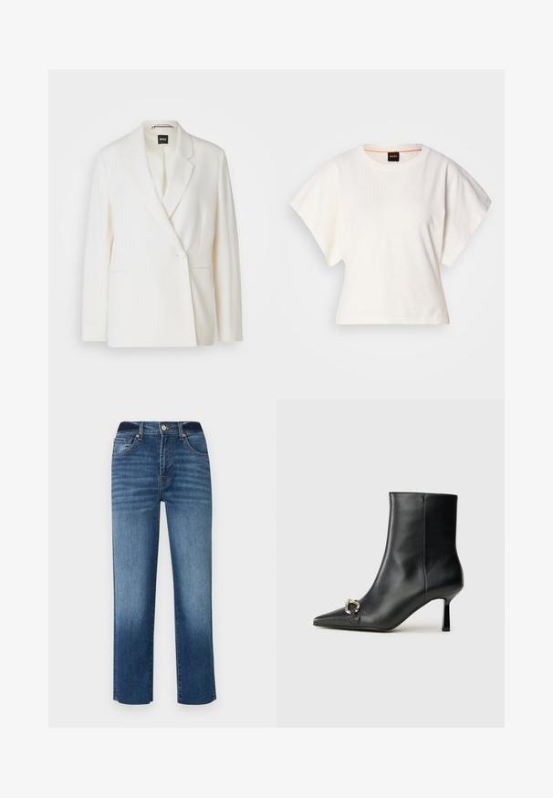 Valge bleiser, millel on struktureeritud disain, ühe nööbiga kinnitamine, nööbist lapel ja kaks külgtaskut. Sile kangas.; Valge lühikeste laiadte varrukatega lühike T-särk, pehme puuvillane materjal, ümar kaelus kergelt oranži ääristusega, minimaalne disain, ilma mustrite ja graafikateta.; Tumed sinised denim teksad sirge säärega lõikega, viie taskuga disain ja peen tuhmumine. Omab nupuga sulgemist ja õmmeldud detaile.; Must mustanvärvi nahast pahklinetopp, millel on terav nina, peen keskmise kõrgusega konts ja hõbedane keha detail külgedel, taustal lihtne taust.