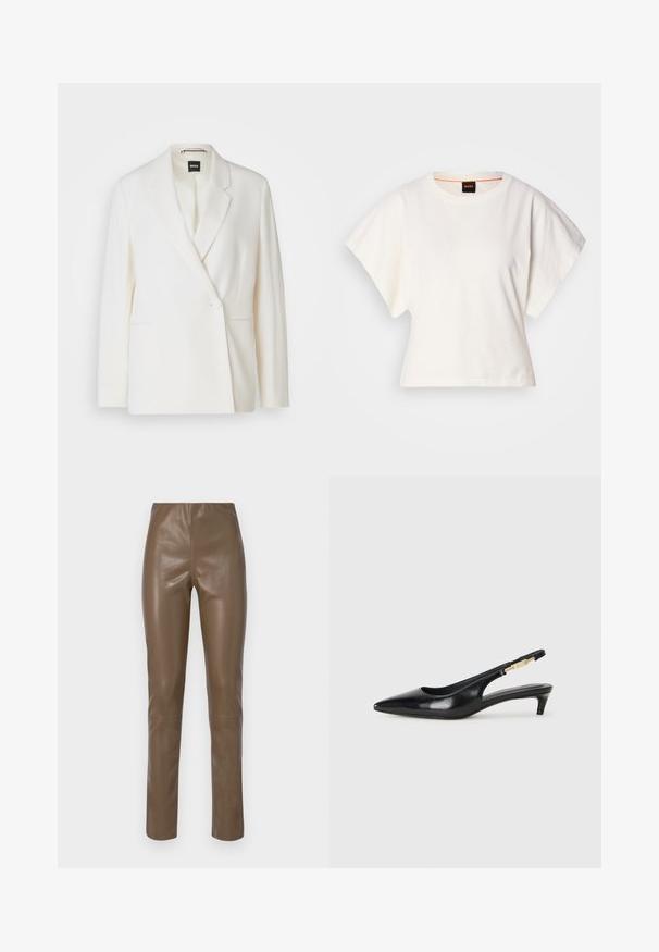 Valge bleiser, millel on struktureeritud disain, ühe nööbiga kinnitamine, nööbist lapel ja kaks külgtaskut. Sile kangas.; Valge lühikeste laiadte varrukatega lühike T-särk, pehme puuvillane materjal, ümar kaelus kergelt oranži ääristusega, minimaalne disain, ilma mustrite ja graafikateta.; Pruun kunstnahast püksid, millel on sile ja läikiv tekstuur. Omavad kõrget vööd ja sirgeid jalgu, minimaalsete õmblusdetailidega.; Mustad nahast slingback kontsad terava ninaga, millel on õhuke konts ja kuldse tooni aktsent reguleeritaval rihmal. Sile tekstuur.