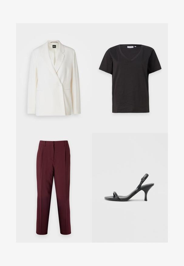 Blazer blanco con un diseño estructurado, cierre de un solo botón, solapas con muesca y dos bolsillos laterales. Textura de tela suave.; Camisa de algodón negra con cuello en V y mangas cortas. Diseño simple con un corte regular y sin patrones ni acentos.; Bruuns Bazaar CINDYSUS DAGNY - Pantalones - sassafras; Sandalias de tacón alto de cuero negro con un tacón delgado y curvado y un diseño de tiras cruzadas. Correa para el tobillo ajustable. Textura suave.