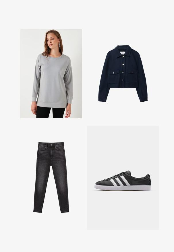 Námornícky skrátený kabát vyrobený z vlnenej zmesi, s ostrým golierom, prednými cvokmi a dvoma hrudnými vreckami so zaťahovacími klapkami.; Sivý dlhý rukáv sveter s okrúhlym výstrihom, voľnejší strih a rebrovanými manžetami, vyrobený z jemnej, hladkej látky.; Čierne džínsy majú priliehavý strih s vysokým pásom, piatimi vreckami a jemným opotrebovaním pre textúru. Dokončené predným zapínaním na gombík.; Čierne kožené tenisky s bielym trojpruhovým dizajnom, zaoblenou špičkou, plochou bielou gumovou podrážkou a značkovým detailom na boku.