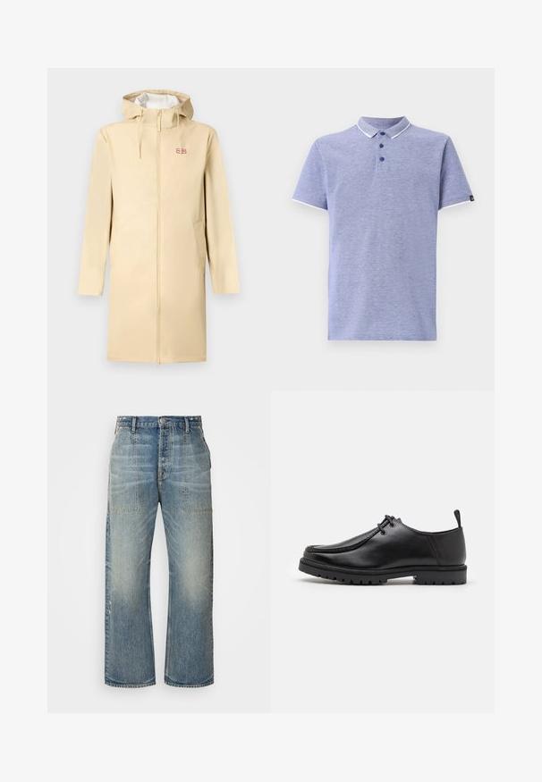 Bežinis vandeniui atsparus lietpaltis su užtrauktuku priekyje, gobtuvu ir raišteliais. Yra du šoniniai kišeniai ir mažas logotipo uždėklas ant krūtinės.; Šviesiai mėlynas polo marškinėliai su trumpomis rankovėmis, apykakle, trijų mygtukų užtrauktuku ir kontrastingomis baltomis detalėmis ant apykaklės ir rankovių.; Šviesiai mėlynos džinsinės plačiakelnės kelnės, turinčios aukštą liemenį, dvi priekinės kišenės ir švelnų dėvėjimosi efektą. Klasikinis penkių kišenių dizainas.; Juodas odinis batų modelis su raišteliais, turintis tvirtą padą ir tempimo kilpelę kulno srityje, pavaizduotas iš šono ant baltos fono.
