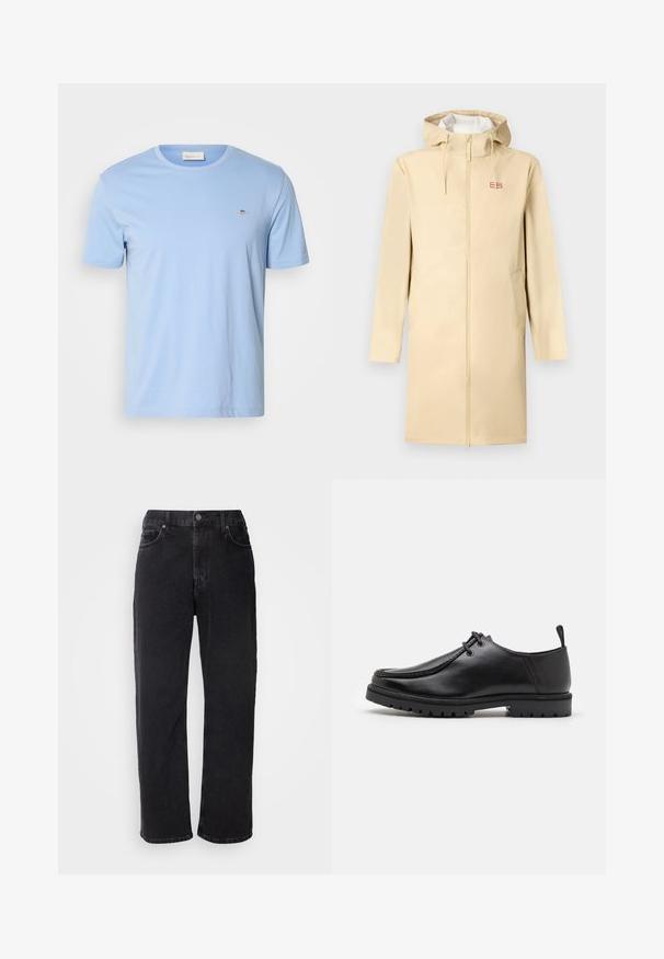 Beige vanntett regnjakke med glidelås foran, hette og snor. Har to sidelommer og et lite logo-patch på brystet.; Lyseblå kortermet t-skjorte laget av bomull. Har rund hals og en liten brodert logo på venstre bryst. Myk tekstur.; Svarte denimjeans med rett snitt, fem lommer og kontraststing. Har en knappelukking og belteslingene på livlinjen.; Svarte lær snøreleste sko med en robuste såle og en trekkesløyfe på hælen, vist fra siden på en hvit bakgrunn.