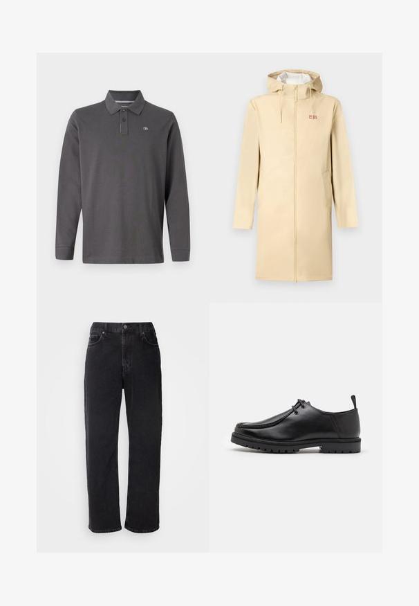 Beige vanntett regnjakke med glidelås foran, hette og snor. Har to sidelommer og et lite logo-patch på brystet.; Langermet polo skjorte i mørkegrå bomull, med krage, tre knapper og en liten logo på venstre bryst.; Svarte denimjeans med rett snitt, fem lommer og kontraststing. Har en knappelukking og belteslingene på livlinjen.; Svarte lær snøreleste sko med en robuste såle og en trekkesløyfe på hælen, vist fra siden på en hvit bakgrunn.