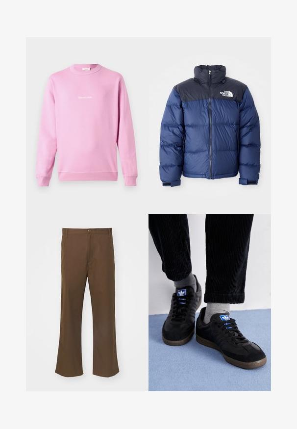 Mørkeblå puffjakke med svart toppseksjon, høy krage, glidelås foran og logo på brystet. Bulkete tekstur og elastiske mansjetter.; Rosa sweatshirt laget av bomullsmiks, med lange ermer og rund hals. Inkluderer en hvit logo i kursiv på forsiden.; Tre hvite ribbestrikkede tank topper laget av bomull. Har en rund hals og små svarte etiketter nær kanten. Tilgjengelig i flere størrelser.; Brune vide bukser laget av glatt stoff med knappelukking, har frontlommer og rette sømmer langs beina.; Sorte joggesko laget av semsket skinn og lær, med en blå logo og brun gummisåle. Paret med grå sokker og kordfløylebukser.