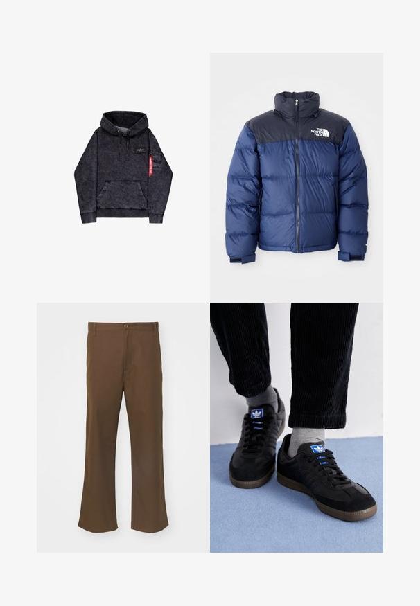 Giacca a vento blu navy con sezione superiore nera, colletto alto, zip frontale e logo sul petto. Texture imbottita e polsini elasticizzati.; Felpa nera mélange con tasca a marsupio, cappuccio regolabile con cordino, patch con logo sul petto e tasca laterale con dettaglio della tag rossa.; Pantaloni a zampa d'elefante marroni realizzati in tessuto morbido, con chiusura a bottone, dotati di tasche frontali e cuciture dritte lungo le gambe.; Scarpe da ginnastica nere in materiale scamosciato e in pelle, con un logo blu e una suola in gomma marrone. Abbinati a calzini grigi e pantaloni in velluto a coste.