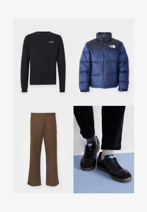 Námornícky modrá páperová bunda s čiernou hornou časťou, vysokým golierom, predným zipsom a logom na hrudi. Masívna textúra a elastické manžety.; Tmavomodrá bavlnená mikina s okrúhlym výstrihom, rebrovanými manžetami a lemom. Na hrudi je malý vyšívaný logotyp.; Hnedé rozšírené nohavice vyrobené z hladkého materiálu s zapínaním na gombík, so prednými vreckami a rovnými švami pozdĺž nohavíc.; Čierne tenisky z semišového a koženého materiálu, so modrým logom a hnedou gumovou podrážkou. V kombinácii so sivými ponožkami a kordovým nohavicami.
