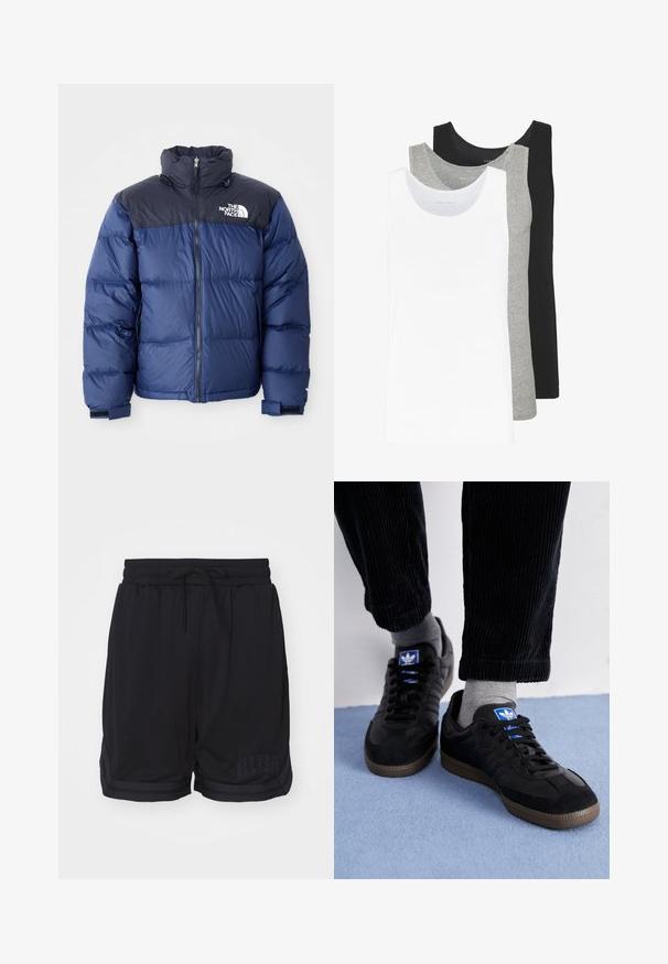Doudoune bleu marine avec une section supérieure noire, col montant, fermeture éclair sur le devant et logo sur la poitrine. Texture volumineuse et poignets élastiques.; Trois débardeurs en blanc, gris et noir. Chacun présente un design classique sans manches, fabriqué en coton léger avec une texture côtelée.; Shorts de sport noirs en tissu mesh, avec une taille élastique dotée d'un cordon de serrage, des rayures sur les côtés et un détail de logo au bas.; Baskets noires en suède et cuir, avec un logo bleu et une semelle en caoutchouc marron. Associées à des chaussettes grises et un pantalon en velours côtelé.