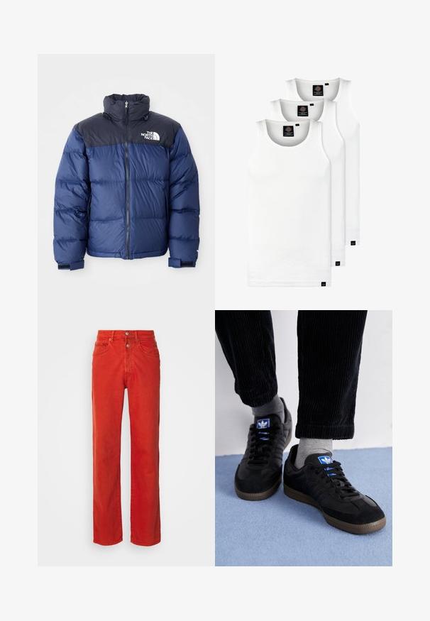 Mørkeblå puffjakke med svart toppseksjon, høy krage, glidelås foran og logo på brystet. Bulkete tekstur og elastiske mansjetter.; Tre hvite ribbestrikkede tank topper laget av bomull. Har en rund hals og små svarte etiketter nær kanten. Tilgjengelig i flere størrelser.; Røde denimbukser med rette ben, som har knappestengning, to frontlommer og et jevnt, litt teksturert stoff.; Sorte joggesko laget av semsket skinn og lær, med en blå logo og brun gummisåle. Paret med grå sokker og kordfløylebukser.