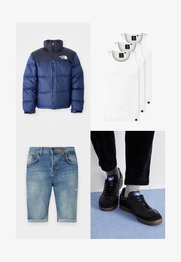 Tumši zils pūkainais apmetnis ar melnu augšējo daļu, augstu apkakli, priekšējo rāvējslēdzēju un logo uz krūtīm. Masīva tekstūra un elastīgas aproces.; Trīs baltas ribotas krūšturi, kas izgatavoti no kokvilnas. Iezīmēti ar apaļu kakla izgriezumu un maziem melniem etiķetēm tuvu apakšmalai. Pieejami vairākos izmēros.; Gaiši zili džinsu šorti ar nolietojuma detaļām, ar standarta vidukli, priekšējām kabatām un sarullētu apakšmalu.; Melni sporta apavi ar zamšas un ādas materiālu, ar zilu logo un brūnu gumijas zoli. Apvienoti ar pelēkiem zeķēm un korduroja biksēm.