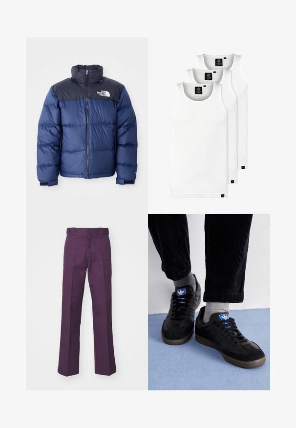 Tumesinine puhvjakas, millel on must ülemine osa, kõrge krae, eesmine visiir ja logo rinnal. Mahukas tekstuur ja elastsed mansetid.; Kolm valget ribaga t-särki, mis on valmistatud puuvillast. Omavad ümmargust kaelanõhku ja väikseid musti silte hemme lähedal. Saadaval erinevates suurustes.; Lilla laiad püksid, mis on valmistatud tugevatest puuvillast kangast, millel on lame eesmine osa, vöökoharihmade jaoks aasad ja kohandatud kortsud struktureeritud välimuse saavutamiseks.; Mustad mustad, mis on valmistatud siidist ja nahast, sinise logoga ja pruunist kummist tallaga. Kombineeritud hallide sokkide ja sametpükstega.