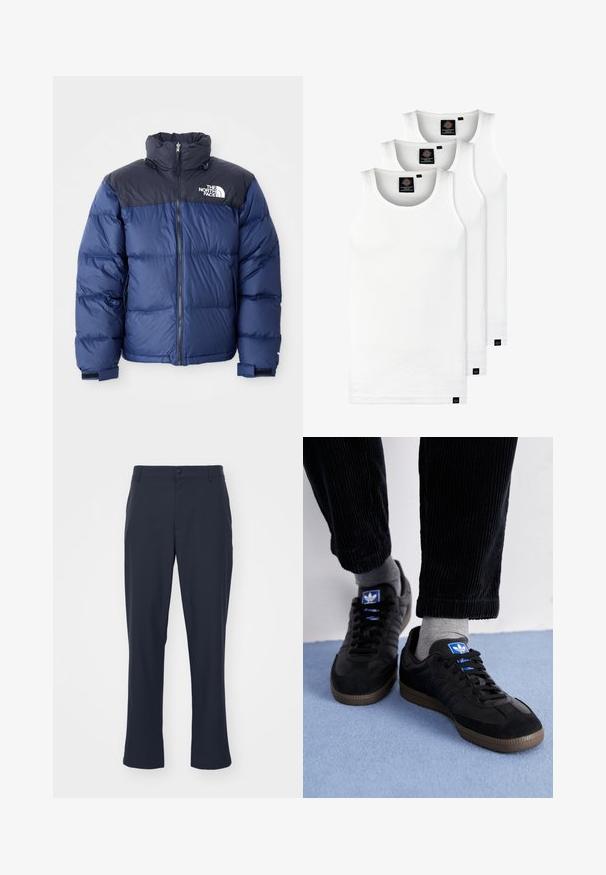 Granatowa kurtka puchowa z czarną górną częścią, wysokim kołnierzem, zamkiem błyskawicznym z przodu oraz logo na klatce piersiowej. Posiada masywną teksturę i elastyczne mankiety.; Trzy białe prążkowane koszulki na ramiączkach wykonane z bawełny. Posiadają okrągły dekolt i małe czarne metki blisko dolnego brzegu. Dostępne w różnych rozmiarach.; Granatowe, dopasowane spodnie z materiału mieszanki poliestrowej. Posiadają zapięcie na guzik, boczne kieszenie oraz prosty krój nogawek.; Czarne trampki z materiału zamszowego i skórzanego, z niebieskim logo i brązową gumową podeszwą. Dobrane z szarymi skarpetkami i spodniami z korduroju.