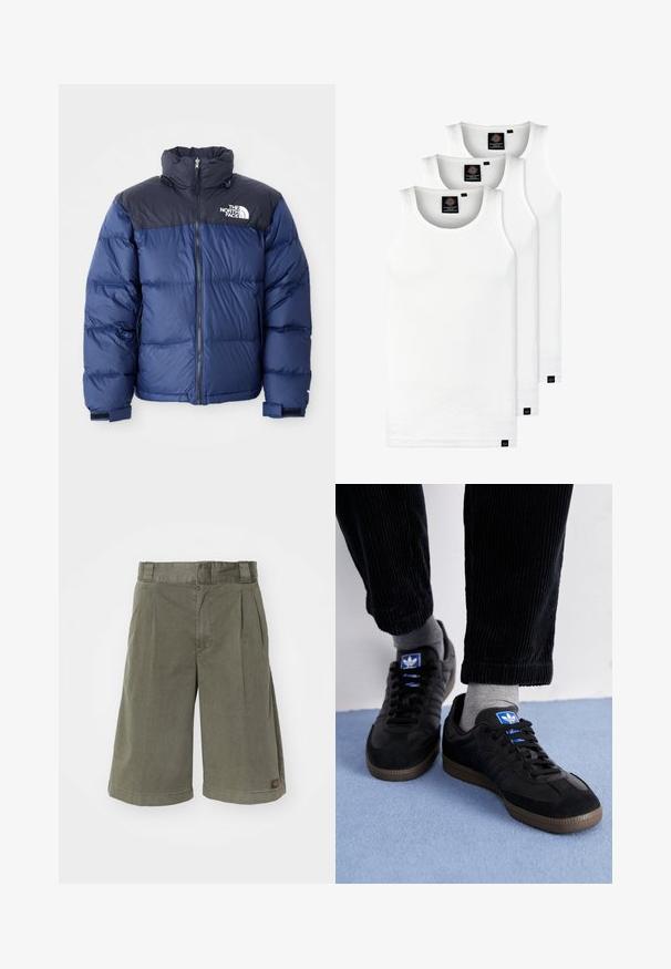 Tamsiai mėlynas pūkinis švarkas su juodu viršutiniu seksi, aukštu apykakle, priekiniais užtrauktukais ir logotipu ant krūtinės. Masyvūs tekstūros elementai ir elastingos rankogaliai.; Trys balti, dryžuoti marškiniai be rankovių, pagaminti iš medvilnės. Yra apvalus kaklas ir maži juodi etiketės netoli siūlės. Siūlomi įvairių dydžių.; Alyvuogių spalvos šortai, pagaminti iš medvilnės ir sintetinių pluoštų mišinio. Turi klostes ir tiesų kirpimą, šone yra mažas prekių ženklą nurodantis etiketė.; Juodi sportiniai bateliai, pagaminti iš zomšos ir odos, su mėlynu logotipu ir rudu gumuotu padu. Derinami su pilkais kojiniais ir kordūroje pagamintomis kelnėmis.