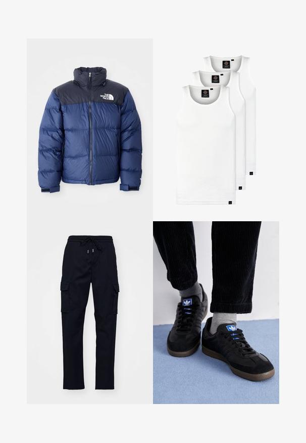 Marineblauwe puffer jacket met een zwart bovenstuk, hoge kraag, ritssluiting aan de voorkant en logo op de borst. Dikke textuur en elastische manchetten.; Drie witte geribde tanktops van katoen. Kenmerken zijn een ronde hals en kleine zwarte labels nabij de zoom. Verkrijgbaar in meerdere maten.; Zwarte cargobroek met een elastische tailleband, trekkoord en twee zijzakken. Gladde stof met een taps toelopend ontwerp van de broekspijpen.; Zwarte sneakers van suede en leer, met een blauw logo en een bruine rubberen zool. Gepaard met grijze sokken en corduroy broek.