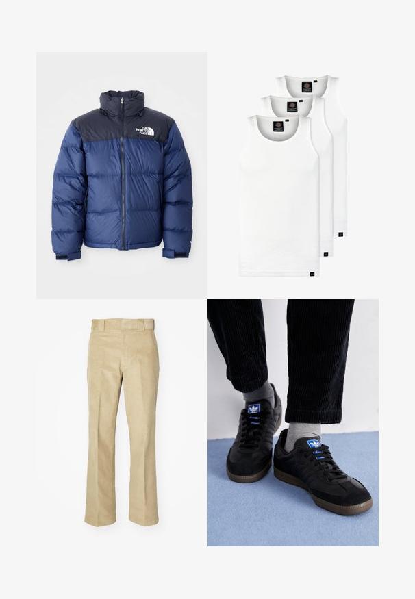 Granatowa kurtka puchowa z czarną górną częścią, wysokim kołnierzem, zamkiem błyskawicznym z przodu oraz logo na klatce piersiowej. Posiada masywną teksturę i elastyczne mankiety.; Trzy białe prążkowane koszulki na ramiączkach wykonane z bawełny. Posiadają okrągły dekolt i małe czarne metki blisko dolnego brzegu. Dostępne w różnych rozmiarach.; Dickies - Spodnie materiałowe; Czarne trampki z materiału zamszowego i skórzanego, z niebieskim logo i brązową gumową podeszwą. Dobrane z szarymi skarpetkami i spodniami z korduroju.