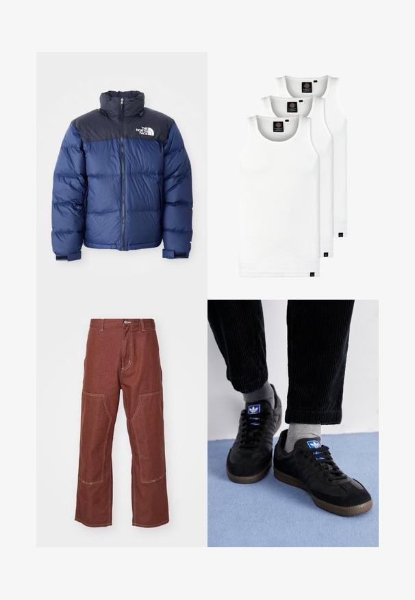 Navy blue puffer jacket featuring a black top section, high collar, front zipper, and logo on the chest. Bulked texture and elastic cuffs.; Three white ribbed tank tops made of cotton. Features a crew neck and small black labels near the hem. Available in multiple sizes.; Carhartt WIP MIDLAND DOUBLE KNEE PANT - Relaxed fit jeans - offroad rinsed; Black sneakers with suede and leather material, featuring a blue logo and brown rubber sole. Paired with gray socks and corduroy pants.