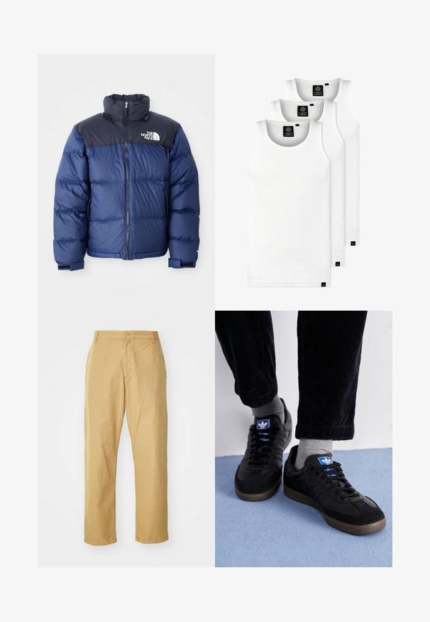 Giacca a vento blu navy con sezione superiore nera, colletto alto, zip frontale e logo sul petto. Texture imbottita e polsini elasticizzati.; Tre canotte bianche a coste in cotone. Presentano un colletto rotondo e piccole etichette nere vicino all'orlo. Disponibile in diverse taglie.; Chino color khaki realizzati in tessuto leggero con una vestibilità dritta, dotati di chiusura anteriore con bottone e tasche laterali.; Scarpe da ginnastica nere in materiale scamosciato e in pelle, con un logo blu e una suola in gomma marrone. Abbinati a calzini grigi e pantaloni in velluto a coste.