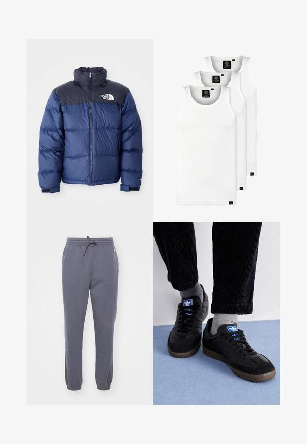 Navyblauer Daunenjacke mit schwarzem Oberteil, hohem Kragen, Frontreißverschluss und Logo auf der Brust. Mit voluminöser Textur und elastischen Bündchen.; Drei weiße, gerippte Tanktops aus Baumwolle. Merkmale einen Rundhalsausschnitt und kleine schwarze Etiketten am Saum. In mehreren Größen erhältlich.; Graue Fleece-Sweatpants mit elastischem Bund und Kordelzug. Bündchen an den Säumen und seitliche Taschen. Weicher Stoff, geeignet für lässige Kleidung.; Schwarze Sneaker aus Wildleder und Leder, ausgestattet mit einem blauen Logo und einer braunen Gummisohle. Kombiniert mit grauen Socken und Cordhosen.