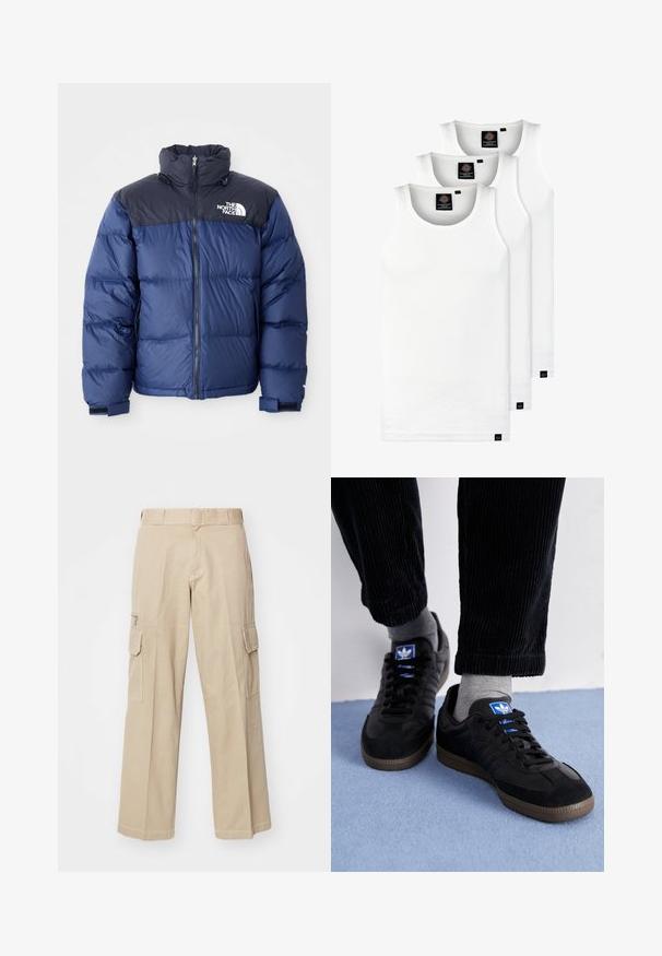 Tengerészkék pufferszövet kabát fekete felső résszel, magas gallérral, elől zipzárral és logóval a mellkason. Bulkos textúra és elasztikus mandzsetta.; Három fehér csíkos pamut trikó. Felső része kerek nyakkivágású, és a szegély közelében kis fekete címkék találhatók. Több méretben elérhető.; Krémszínű cargo nadrág, széles lábakkal, számos zsebbel és kontrasztos varrással. Tartós pamut anyagból készült, övhurkokkal ellátva.; Fekete sportcipők velúrból és bőrből, kék logóval és barna gumitalppal. Szürke zoknikkal és kordbársony nadrággal párosítva.