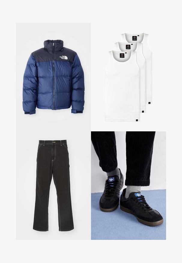Tamno plavi pufast jakna sa crnim gornjim dijelom, visokim ovratnikom, prednjim patentnim zatvaračem i logotipom na prsima. Puni izgled i elastične manšete.; Tri bijele rebraste majice bez rukava od pamuka. Imaju okrugli izrez i male crne oznake blizu rubova. Dostupne su u više veličina.; Crne traperice ravnog kroja, s kontrastnim bijelim šavovima, prednjim džepovima i zakopčavanjem na dugme u struku.; Crne tenisice od antilopa i kože, s plavim logotipom i smešnim gumenim đonom. Uparene s sivim čarapama i pantalonama od rebrastog materijala.