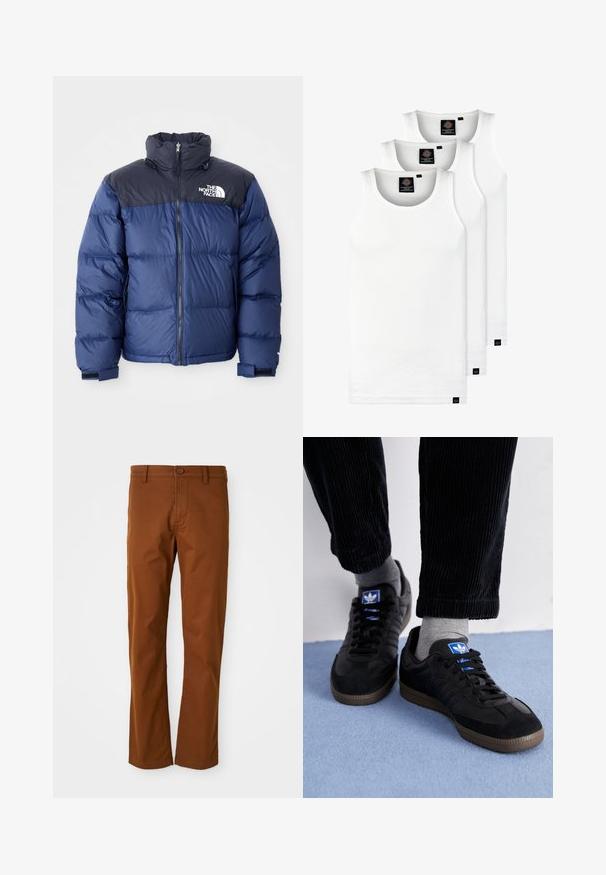 Mørkeblå pufferjakke med en sort topdel, høj krave, frontlynlås og logo på brystet. Føles bulky med elastiske manchetter.; Tre hvide ribbede tanktops lavet af bomuld. Har en rund hals og små sorte mærker nær sømmen. Fås i flere størrelser.; Brune bomuldsbukser med regular fit, der har knaplukning, bæltestropper og lige ben-design. Glat tekstur uden mønstre.; Sorte sneakers lavet af ruskind og læder, med et blåt logo og en brun gummisål. Kombineret med grå sokker og kordfløjlbukser.