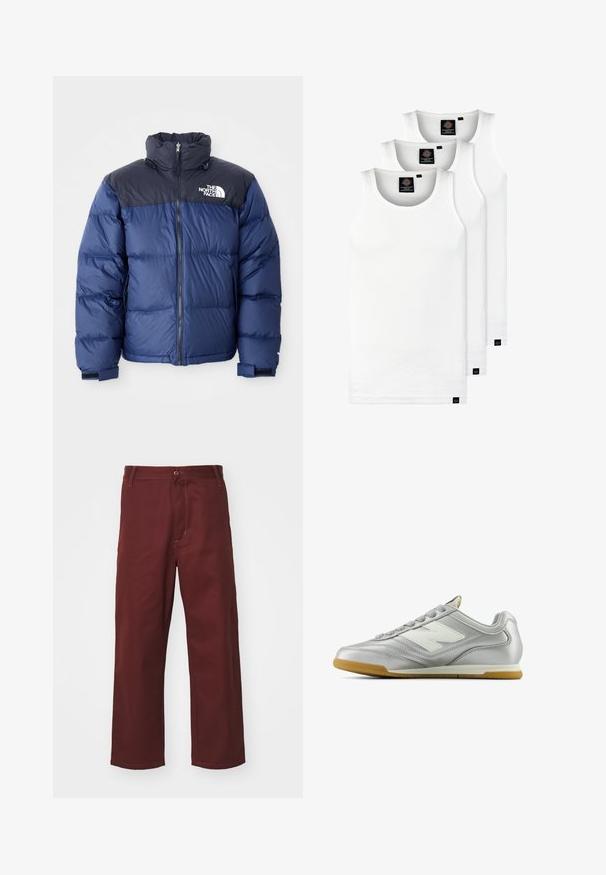 Chaquetón acolchado azul marino con una sección superior negra, cuello alto, cremallera frontal y logo en el pecho. Textura gruesa y puños elásticos.; Tres camisetas sin mangas de algodón de color blanco con canalé. Cuentan con cuello redondo y pequeñas etiquetas negras cerca del dobladillo. Disponibles en múltiples tamaños.; Pantalones burdeos de pierna recta, confeccionados en una tela suave; cuentan con un cierre de botón y un bolsillo frontal. Diseñado de manera sencilla con acentos de costura.; Zapatilla deportiva plateada con una superficie suave y brillante, logotipo blanco en el lateral, cordones texturizados en gris y suela de goma.