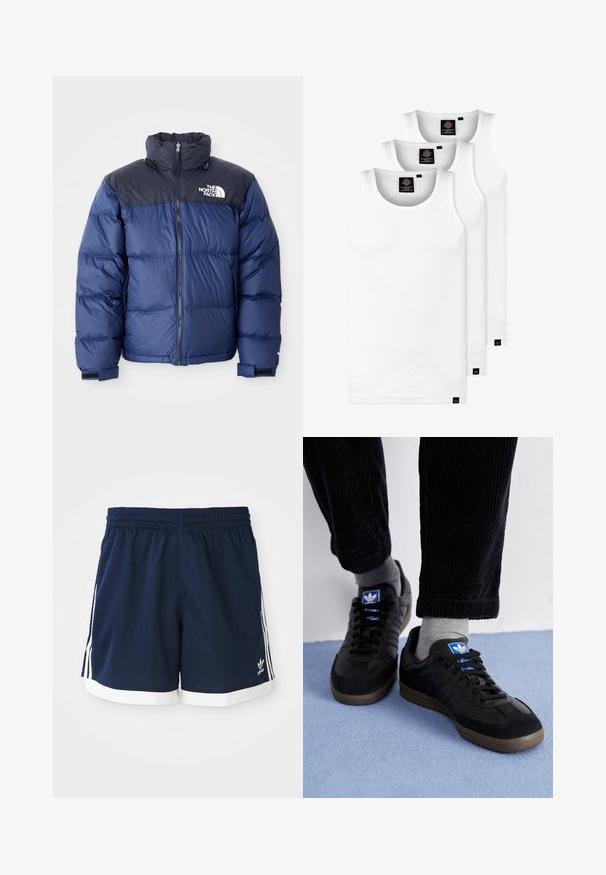 Mornarsko modra puhasta jakna z black zgornjim delom, visokim ovratnikom, sprednjim zadrgo in logotipom na prsih. Debela tekstura in elastični manšeti.; Tri bele rebraste majice brez rokavov iz bombaža. Imajo okroglo izreza in majhne črne etikete blizu roba. Na voljo v več velikostih.; Mornarsko modri adidas športni šorti z belim obrobljanjem in tremi belimi črtami na vsaki strani, elastičen pas.; Črne teniske iz semiša in usnja, z modrim logotipom in rjavim gumijastim podplatom. V kombinaciji z sivimi nogavicami in kordno hlačami.